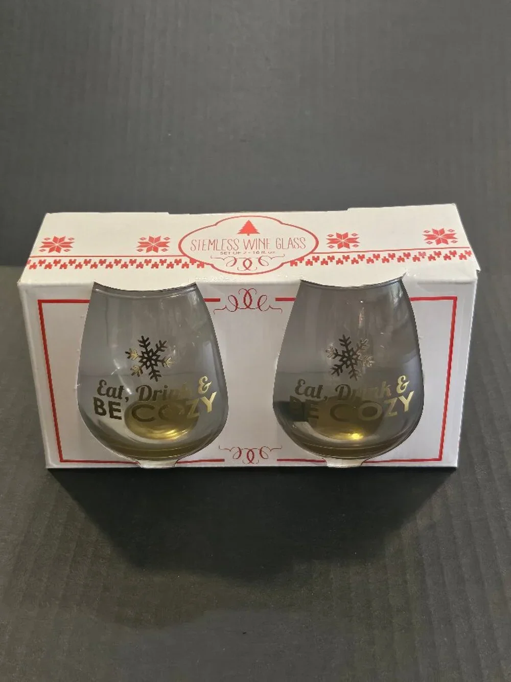 TMD Holdings Eat Drink & Be Cozy Holiday Stemless Wine Glasses Set of Two 16 Oz.